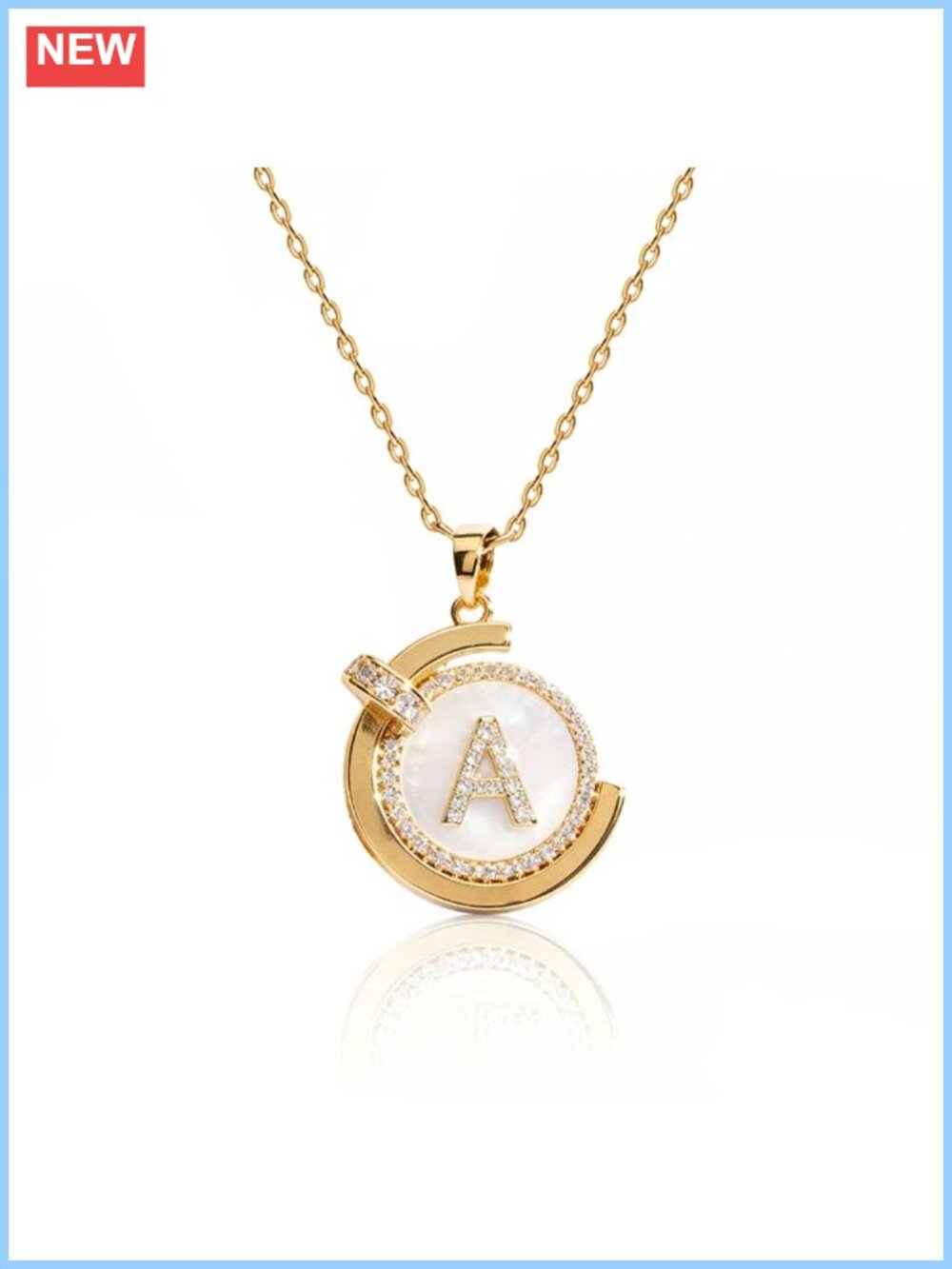 14K Gold Plated Mother of Pearl Initial Pendant Necklace with Zircon Crystals